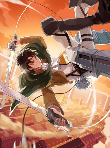 Anime picture 743x1000 with shingeki no kyojin production i.g levi (rivaille) michi (iawei) single tall image looking at viewer short hair black hair sky open clothes open jacket grey eyes city jumping steam boy uniform weapon sword