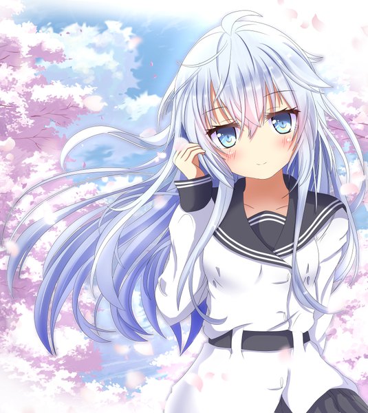 Anime picture 832x932 with kantai collection hibiki destroyer verniy destroyer aruka (alka p1) single long hair tall image looking at viewer blush fringe blue eyes smile hair between eyes silver hair upper body head tilt wind cherry blossoms adjusting hair arm behind back