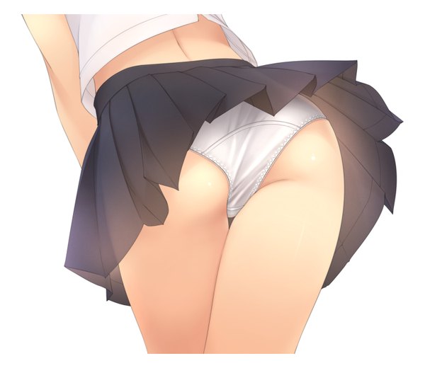 Anime picture 1500x1300 with original murakami suigun single light erotic simple background white background ass pleated skirt leaning leaning forward thighs shiny skin back close-up head out of frame skirt flip girl skirt underwear panties