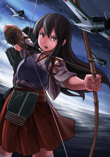 Anime picture 847x1200 with kantai collection akagi aircraft carrier delta monster single long hair tall image looking at viewer open mouth black hair traditional clothes black eyes girl weapon armor bow (weapon) aircraft airplane breastplate muneate