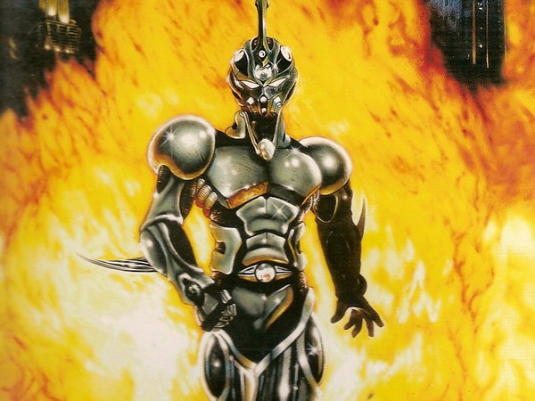 Anime picture 1024x768 with guyver guyver i horn (horns) boy armor fire blade