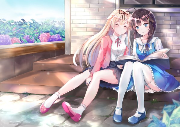 Anime picture 1200x848 with kantai collection shigure destroyer yuudachi destroyer konka long hair looking at viewer blush blue eyes light erotic black hair blonde hair sitting multiple girls full body eyes closed remodel (kantai collection) girl thighhighs dress flower (flowers)