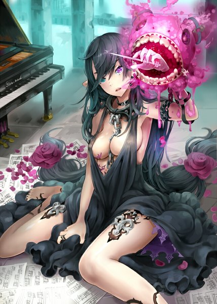 Anime picture 642x900 with original mitu single tall image breasts open mouth light erotic black hair large breasts sitting very long hair heterochromia wariza girl dress flower (flowers) petals chain musical instrument piano