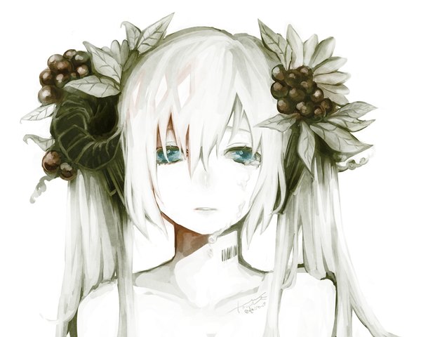 Anime picture 1280x1024 with vocaloid hatsune miku tocco single long hair looking at viewer simple background white background twintails bare shoulders white hair hair flower aqua eyes tears face crying girl hair ornament flower (flowers) leaf (leaves)