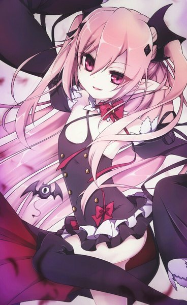 Anime picture 628x1024 with owari no seraph wit studio kururu tepes arukanu ro (pixiv 373572) single tall image looking at viewer breasts light erotic simple background hair between eyes red eyes pink hair parted lips from above pointy ears armpit (armpits) two side up flat chest