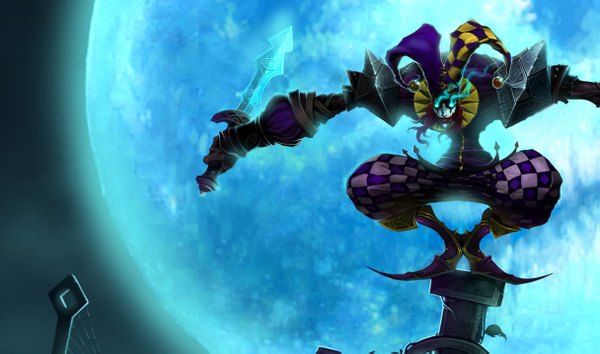 Anime picture 1215x717 with league of legends shaco (league of legends) short hair wide image holding red hair night glowing glowing eye (eyes) crazy clown boy gloves weapon sword armor moon full moon