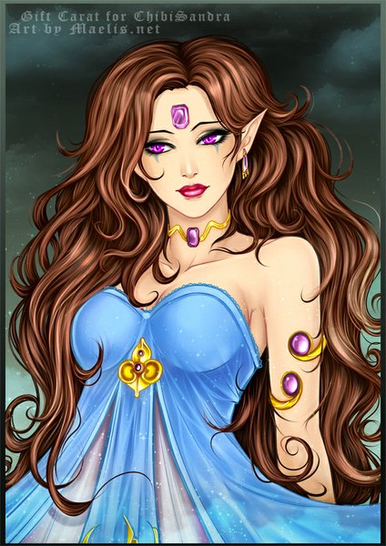 Anime picture 636x900 with original m-aelis single long hair tall image breasts brown hair bare shoulders pink eyes pointy ears girl dress earrings choker