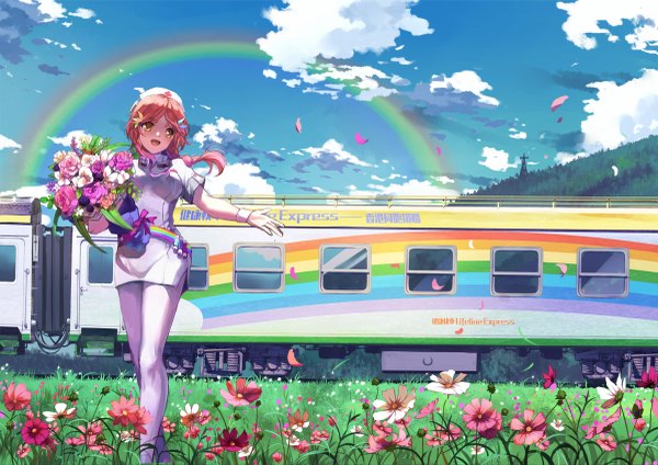Anime picture 1200x849 with original stflash single open mouth standing yellow eyes pink hair sky cloud (clouds) wind spread arms nurse nature girl flower (flowers) plant (plants) petals pantyhose belt grass
