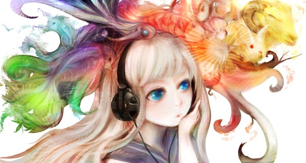Anime picture 2800x1500 with original zhang xiao bo long hair highres blue eyes wide image looking away white hair girl animal headphones bird (birds) fish (fishes) bunny horse