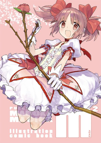 Anime picture 704x1000 with mahou shoujo madoka magica shaft (studio) kaname madoka wada arco single tall image looking at viewer blush short hair open mouth twintails pink hair pink eyes inscription puffy sleeves short twintails pink background jumping girl dress
