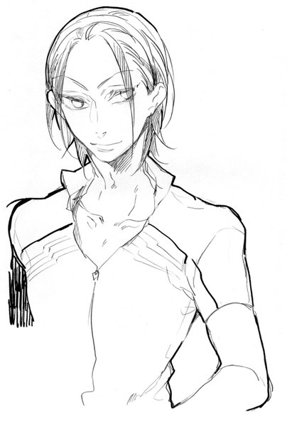 Anime picture 580x860 with yowamushi pedal toudou jinpachi yomimatigai single tall image short hair simple background white background looking away light smile hand on hip monochrome portrait open collar lineart boy uniform headband gym uniform