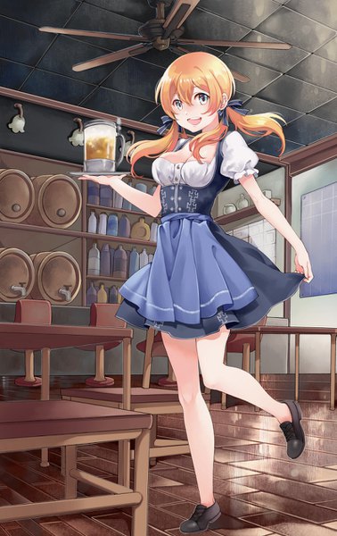 Anime picture 800x1268 with kantai collection prinz eugen (kantai collection) shiosoda single long hair tall image looking at viewer fringe open mouth blue eyes blonde hair hair between eyes standing twintails payot cleavage full body traditional clothes :d puffy sleeves