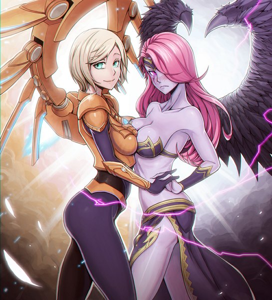 Anime picture 999x1100 with league of legends morgana (league of legends) kayle (league of legends) hayate (leaf98k) long hair tall image looking at viewer blush short hair light erotic blonde hair smile multiple girls green eyes pink hair cleavage pink eyes girl gloves 2 girls