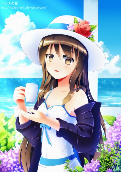 Anime picture 1254x1771 with original exiled (artist) single long hair tall image blush open mouth smile brown hair brown eyes sky cloud (clouds) sunlight girl flower (flowers) hat sea rose (roses) cup
