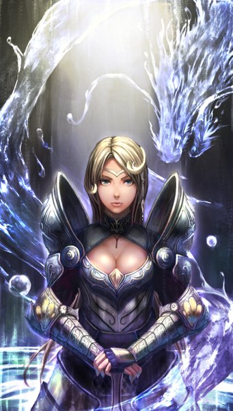 Anime picture 1507x2647 with original yazuwo single long hair tall image looking at viewer breasts blue eyes blonde hair cleavage lips fantasy girl armor dragon