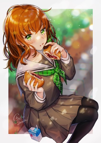 Anime picture 905x1280 with original piroshiki123 single long hair tall image looking at viewer blush fringe hair between eyes brown hair sitting green eyes outdoors pleated skirt from above messy hair food on face girl skirt uniform