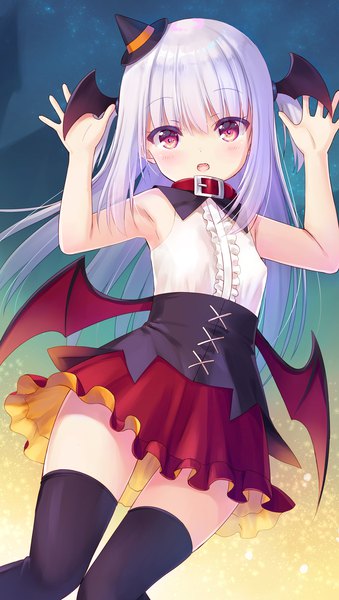 Anime picture 1280x2264 with original na-ga single long hair tall image looking at viewer fringe open mouth purple eyes white hair arms up armpit (armpits) fang (fangs) two side up sleeveless flat chest halloween bat wings head wings girl