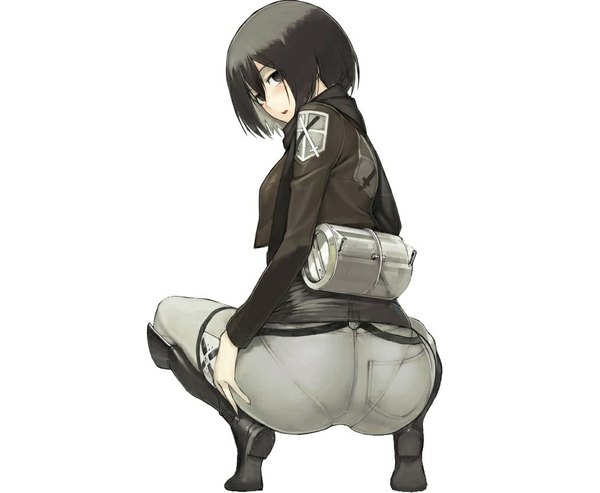 Anime picture 1013x833 with shingeki no kyojin production i.g mikasa ackerman namaniku atk single looking at viewer short hair open mouth light erotic black hair simple background white background ass looking back from behind girl underwear panties jacket boots