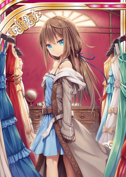 Anime picture 640x896 with shinkai no valkyrie akkijin single long hair tall image looking at viewer fringe blue eyes brown hair twintails ahoge indoors long sleeves sparkle low twintails turning head framed expressionless girl dress