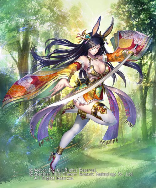 Anime picture 800x963 with divine grimoire momose hisashi single long hair tall image looking at viewer fringe breasts light erotic black hair hair between eyes red eyes large breasts bare shoulders holding animal ears full body bent knee (knees) fingernails wide sleeves
