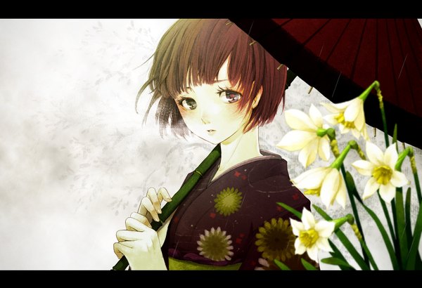 Anime picture 1800x1230 with original puna single looking at viewer blush highres short hair simple background brown hair japanese clothes grey background heterochromia girl flower (flowers) kimono umbrella daffodil
