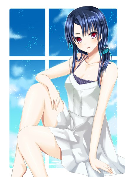 Anime picture 707x1000 with original hiroharu single long hair tall image looking at viewer blush open mouth red eyes blue hair girl dress