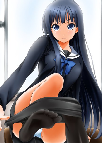 Anime picture 965x1350 with original sumeragi tomo single long hair tall image looking at viewer blue eyes light erotic smile blue hair pantyshot legs girl uniform underwear panties school uniform pantyhose black pantyhose