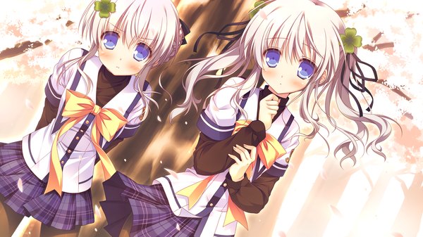 Anime picture 1280x720 with clover day's long hair looking at viewer blush blue eyes wide image multiple girls game cg white hair girl skirt uniform ribbon (ribbons) 2 girls hair ribbon school uniform