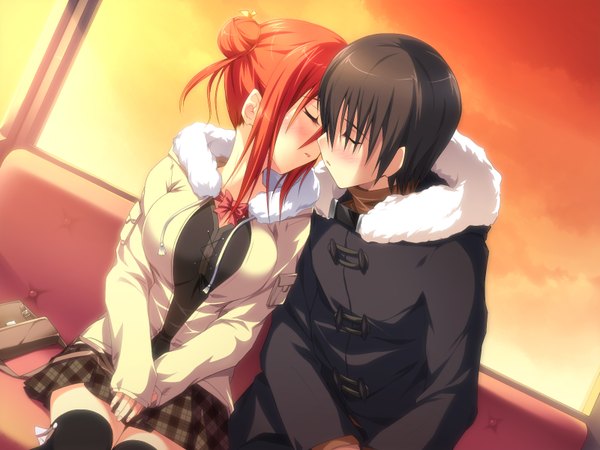 Anime picture 1600x1200 with duelist x engage makino monaka (duelist x engage) blush short hair black hair game cg red hair eyes closed couple evening sunset kiss girl boy