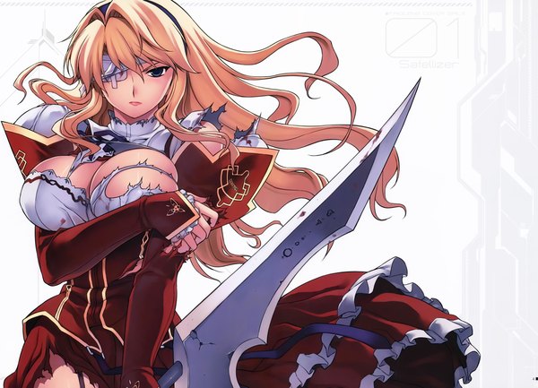 Anime picture 9314x6730 with freezing satellizer el bridget kim kwang hyun single long hair highres breasts blue eyes light erotic blonde hair absurdres cleavage scan official art torn clothes bandage over one eye girl dress weapon sword