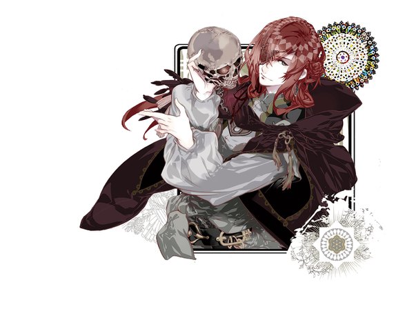 Anime picture 1366x1020 with haitaka no psychedelica tower overlord yuiga satoru single long hair looking at viewer fringe simple background smile white background holding red hair glowing glowing eye (eyes) pale skin bone (bones) cape eyepatch skull
