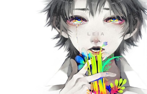 Anime picture 1000x640 with vocaloid leia (vocaloid) akiakane single looking at viewer short hair open mouth simple background white background yellow eyes grey hair tears pale skin open collar multicolored eyes boy flower (flowers) plant (plants)