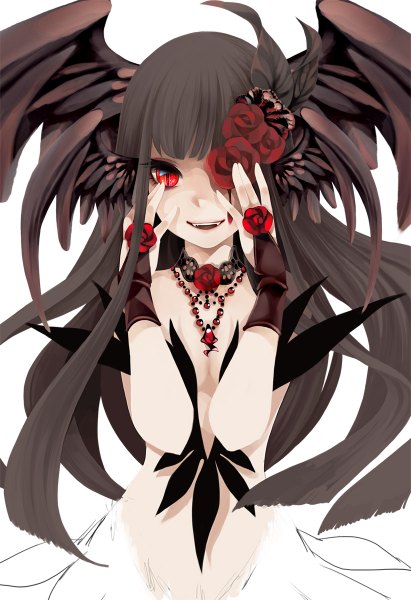 Anime picture 822x1200 with original kai (linking) long hair tall image fringe open mouth simple background smile red eyes brown hair white background cleavage very long hair hair flower nude grey hair teeth fang (fangs) head wings vampire