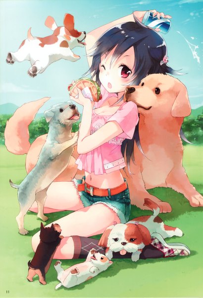 Anime picture 2066x3021 with yozakura quartet yarizakura hime tiv single long hair tall image looking at viewer blush highres open mouth red eyes sitting sky outdoors one eye closed wink scan bare belly jumping cute