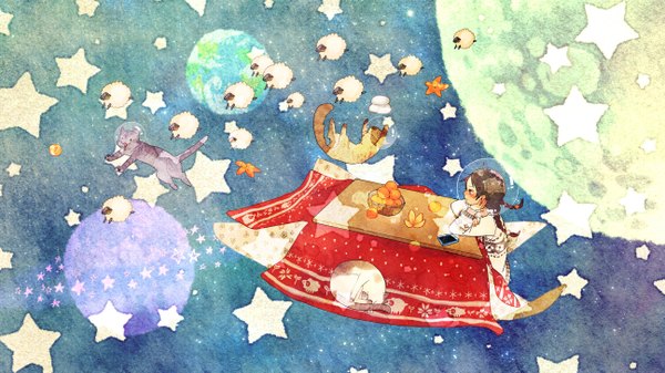 Anime picture 2592x1458 with original nora (pixiv3692469) single long hair blush highres brown hair wide image sitting brown eyes braid (braids) profile twin braids space traditional media watercolor (medium) girl animal star (symbol) cat