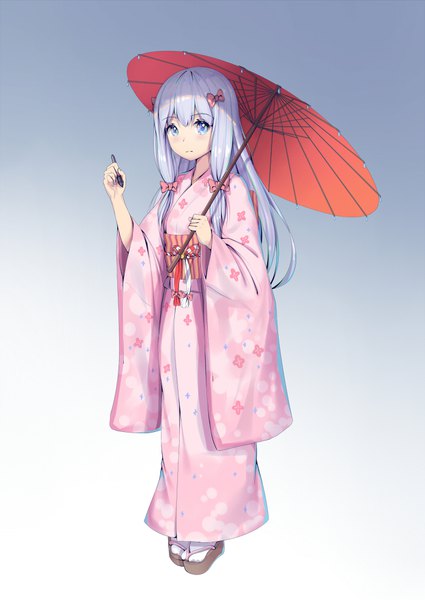 Anime picture 700x989 with eromanga sensei a-1 pictures izumi sagiri kr (sapphire) single long hair tall image looking at viewer blue eyes simple background standing silver hair full body traditional clothes japanese clothes wide sleeves alternate costume gradient background girl bow