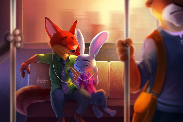 Anime picture 1200x800 with zootopia disney judy hopps nick wilde tsaoshin smile standing sitting holding signed bent knee (knees) eyes closed depth of field crossed legs no people train interior animal shirt necktie window