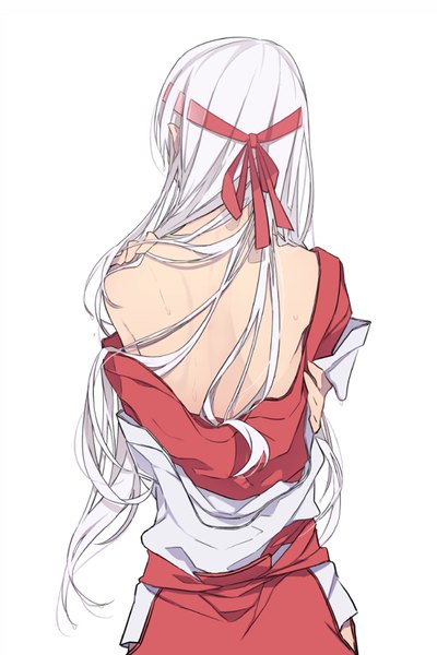Anime picture 600x900 with kantai collection shoukaku aircraft carrier hatyo single long hair tall image light erotic simple background white background white hair traditional clothes japanese clothes from behind off shoulder no bra bare back girl ribbon (ribbons) hair ribbon