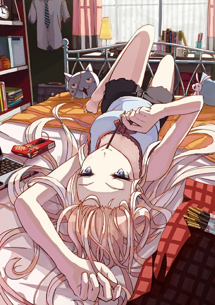 Anime picture 707x1000 with original 108tooya single long hair tall image looking at viewer blonde hair smile purple eyes holding indoors lying barefoot bare legs on back mouth hold eating girl bow shirt