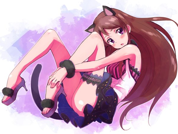 Anime picture 2048x1536 with aikatsu! shibuki ran single long hair blush highres open mouth light erotic brown hair white background purple eyes animal ears tail animal tail pleated skirt cat ears cat tail girl skirt sandals