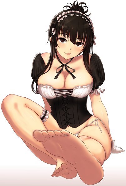 Anime picture 675x1000 with original hareno chiame (artist) single long hair tall image looking at viewer blush breasts light erotic black hair simple background large breasts white background sitting brown eyes cleavage barefoot :q underbust girl