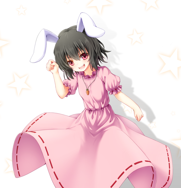 Anime picture 960x1000 with touhou inaba tewi 40cabbage single tall image looking at viewer blush short hair open mouth black hair simple background hair between eyes red eyes white background animal ears shadow bunny ears girl dress star (symbol)