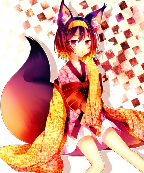 Anime picture 998x1200 with no game no life madhouse hatsuse izuna abandon ranka single tall image looking at viewer blush short hair open mouth sitting animal ears tail traditional clothes japanese clothes animal tail pink eyes multicolored hair wide sleeves two-tone hair