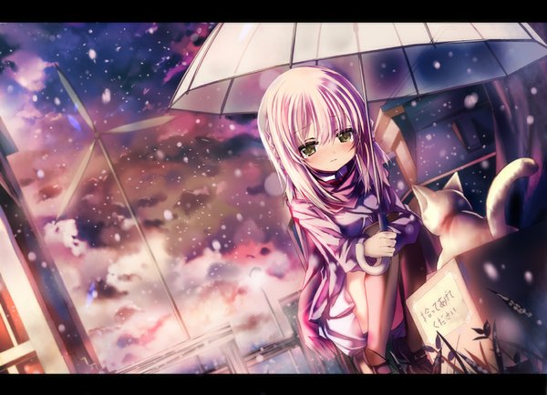Anime picture 1000x724 with original shino (eefy) single blush short hair blonde hair yellow eyes dutch angle snowing letterboxed winter revision transparent umbrella for adoption girl socks scarf black socks umbrella cat