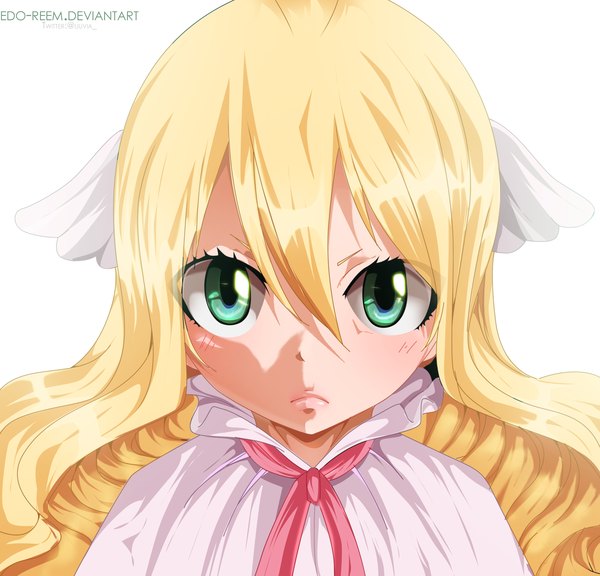 Anime picture 1600x1538 with fairy tail mavis vermillion edo-reem single long hair blush blonde hair simple background white background green eyes loli coloring portrait close-up head wings girl dress wings white dress