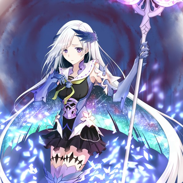 Anime picture 854x857 with fate (series) fate/grand order brynhildr (fate) tsuedzu single long hair tall image blush fringe breasts purple eyes white hair very long hair pleated skirt multicolored hair looking down girl skirt miniskirt armor