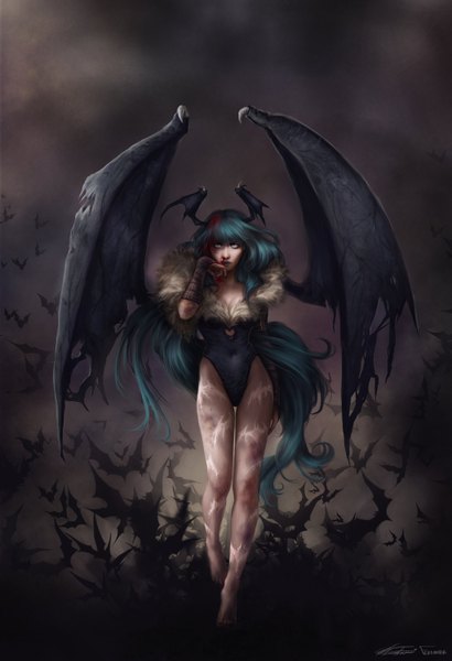 Anime picture 1024x1496 with vampire / darkstalkers (game) morrigan aensland newsha-ghasemi single long hair tall image signed nail polish aqua eyes aqua hair no shoes demon girl demon wings head wings succubus torn wings girl pantyhose wings fur