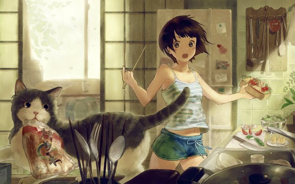 Anime picture 1920x1200 with original ame (conronca) blush highres short hair open mouth brown hair wide image grey eyes surprised cooking girl animal water food shorts window cat bag table