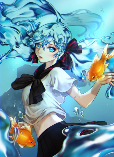 Anime picture 800x1100 with vocaloid hatsune miku bottle miku aegyo single tall image blush fringe blue eyes hair between eyes twintails blue hair looking away very long hair parted lips bare belly midriff blue background underwater liquid hair