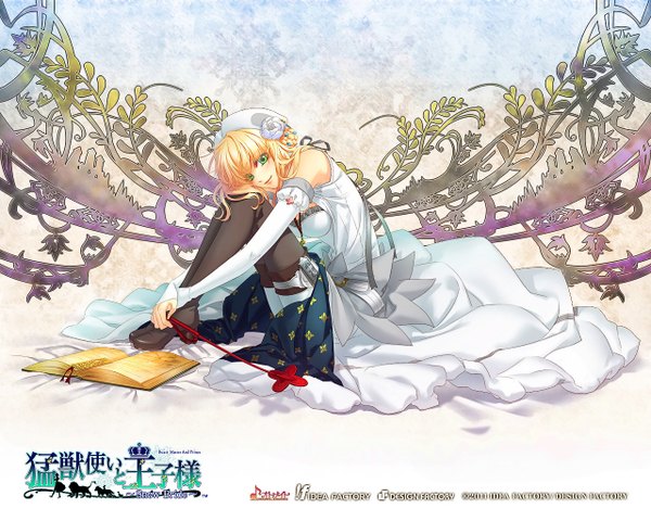 Anime picture 1280x1024 with beast master and prince (game) idea factory tiana (beast master and prince) miko (artist) single looking at viewer fringe short hair blonde hair smile sitting bare shoulders green eyes game cg inscription official art girl dress flower (flowers) ribbon (ribbons)